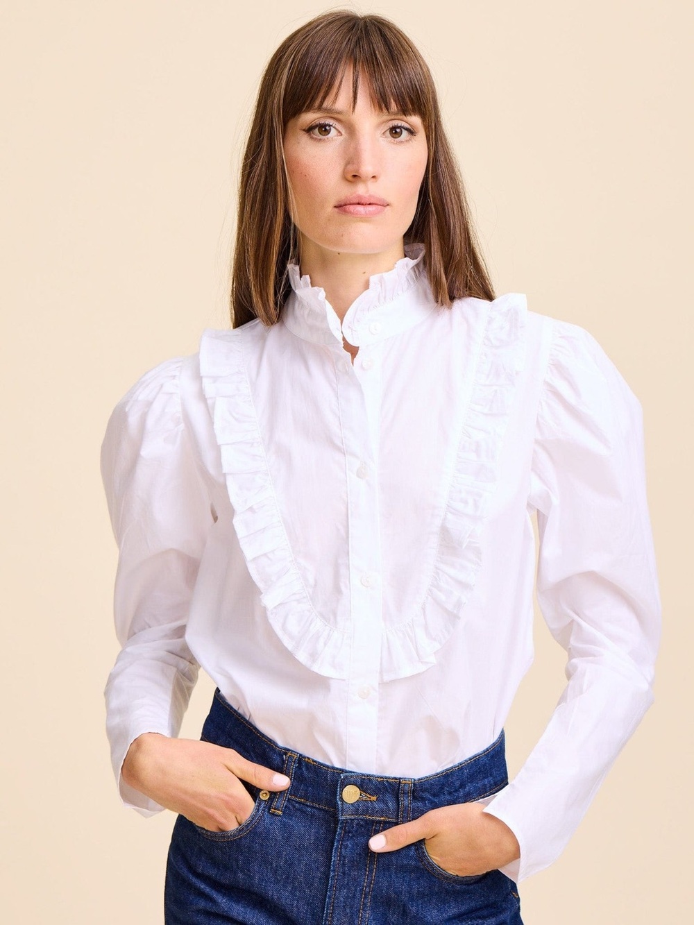 Mille Jolie Top Size S White Ruffle-Front Cotton Blouse